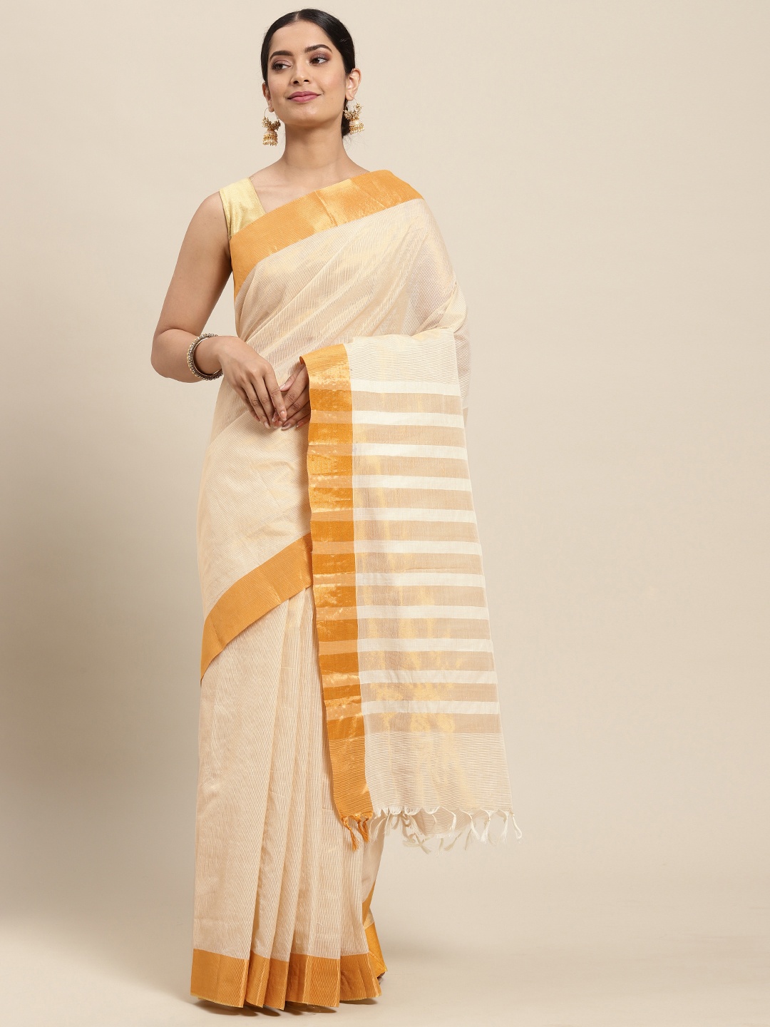 

Thara Sarees Women Off White & Golden Striped Zari Pure Cotton Kasavu Saree