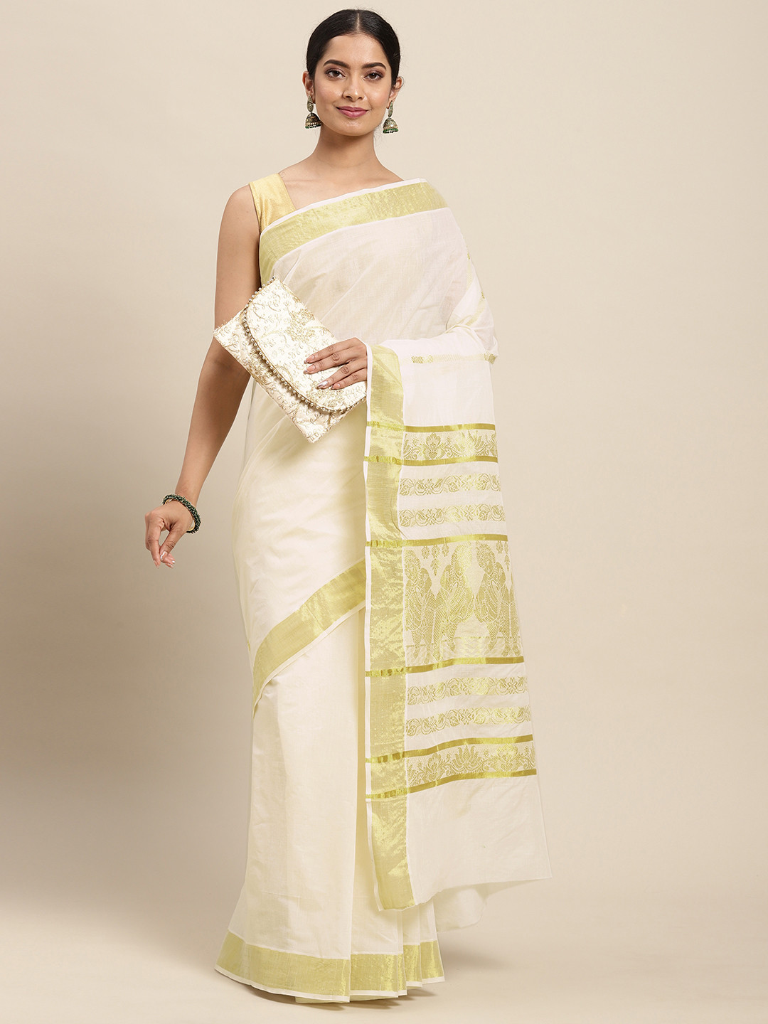 

Thara Sarees Off White & Golden Handloom Zari Work Pure Cotton Kasavu Saree
