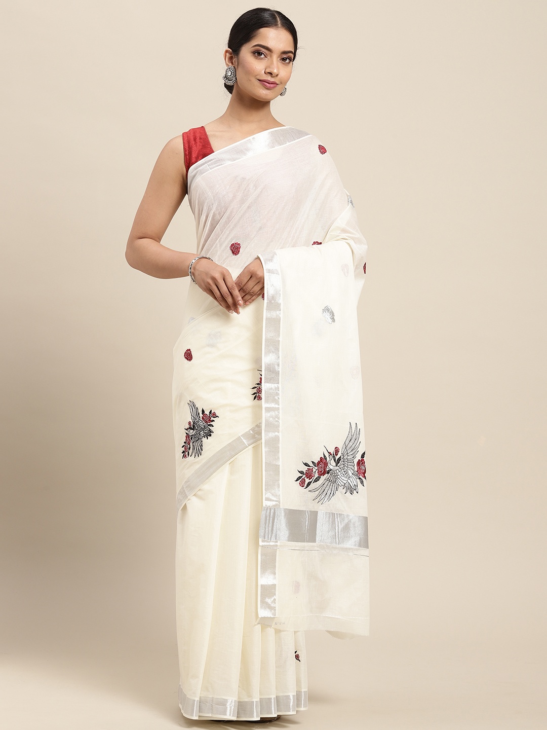 

Thara Sarees Women Off White & Silver Ethnic Motifs Zari Pure Cotton Kasavu Saree