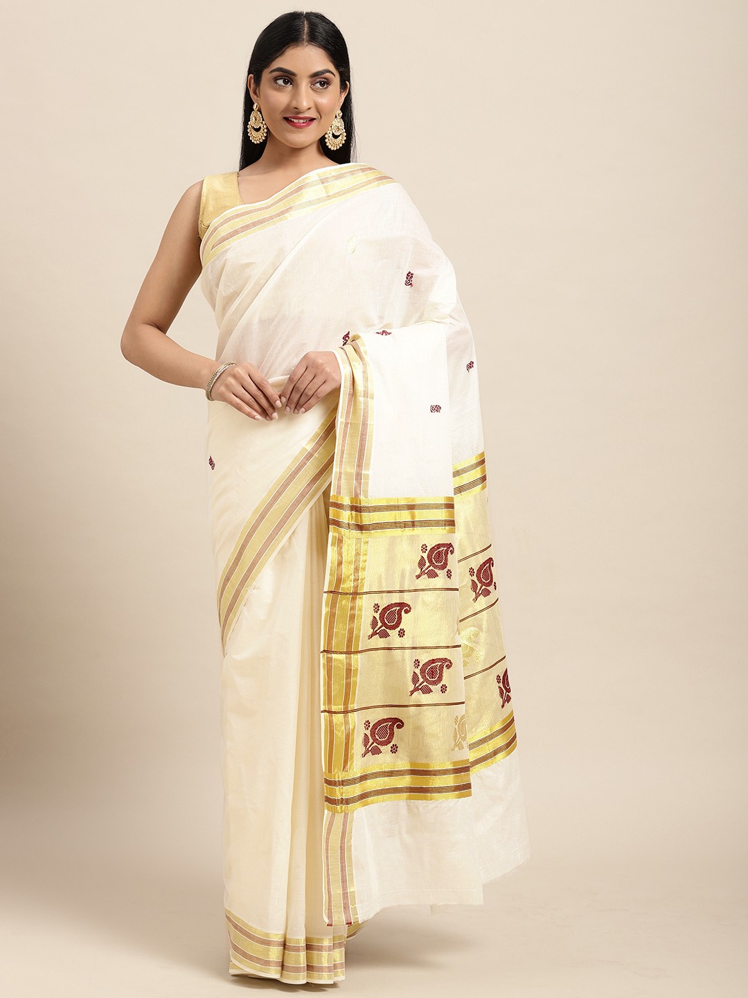 

Thara Sarees Off White & Golden Handloom Zari Work Pure Cotton Kasavu Saree