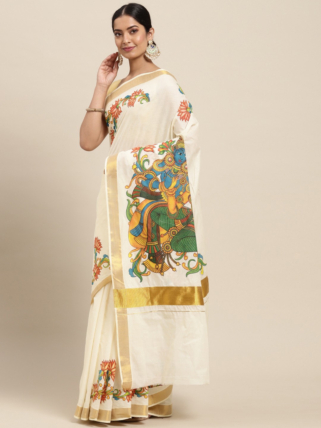 

Thara Sarees Women Off White & Golden Ethnic Motifs Zari Pure Cotton Kasavu Saree