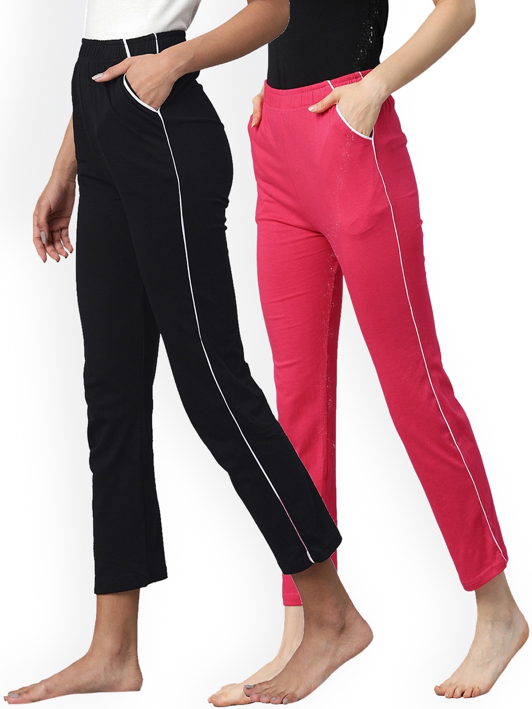 

NOT YET by us Women Black & Pink Pack Of 2 Solid Pure Cotton Lounge Pants