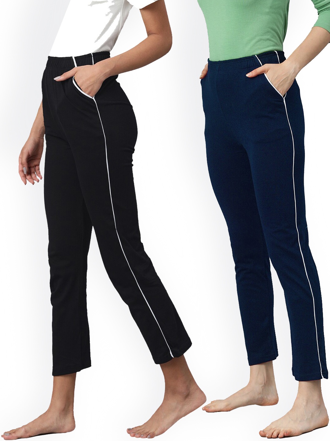 

NOT YET by us Women Pack Of 2 Solid Pure Cotton Lounge Pants, Navy blue