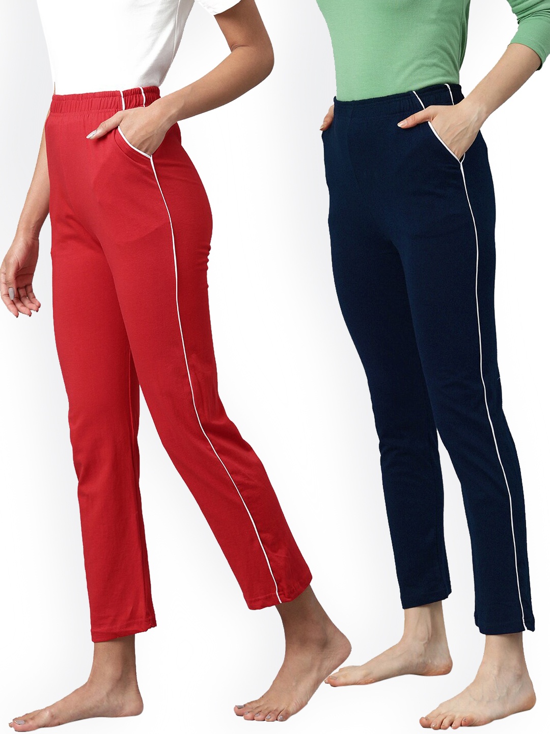 

NOT YET by us Women Pack Of 2 Solid Cotton Lounge Pants, Red