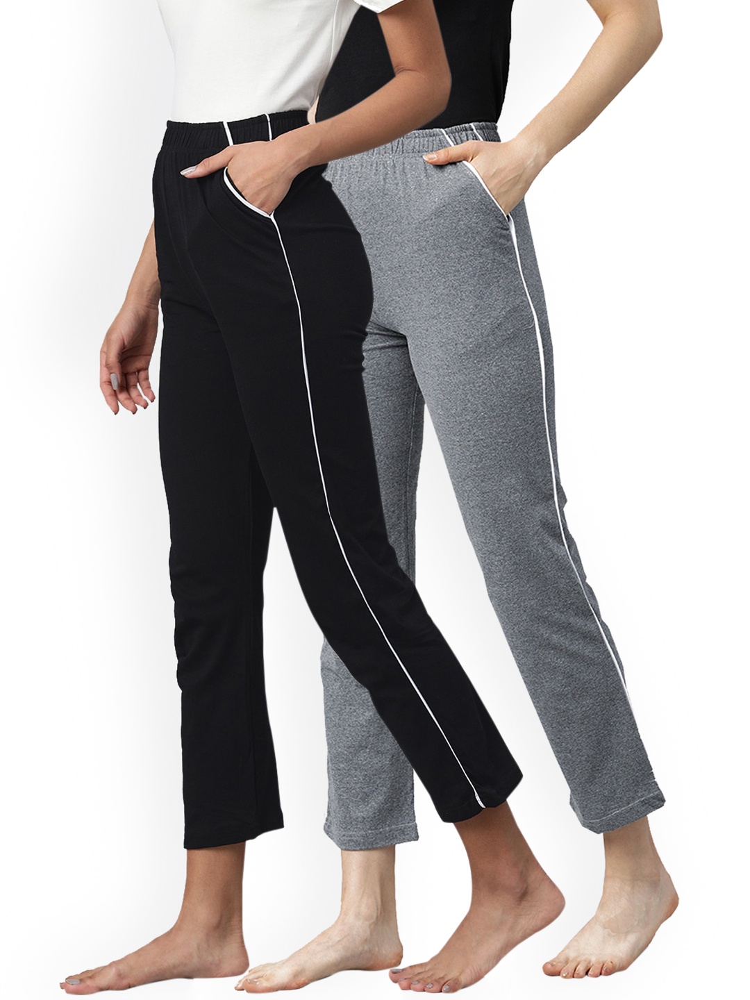 

NOT YET by us Women Grey & Black Pack Of 2 Mid Rise Solid Piping Pant