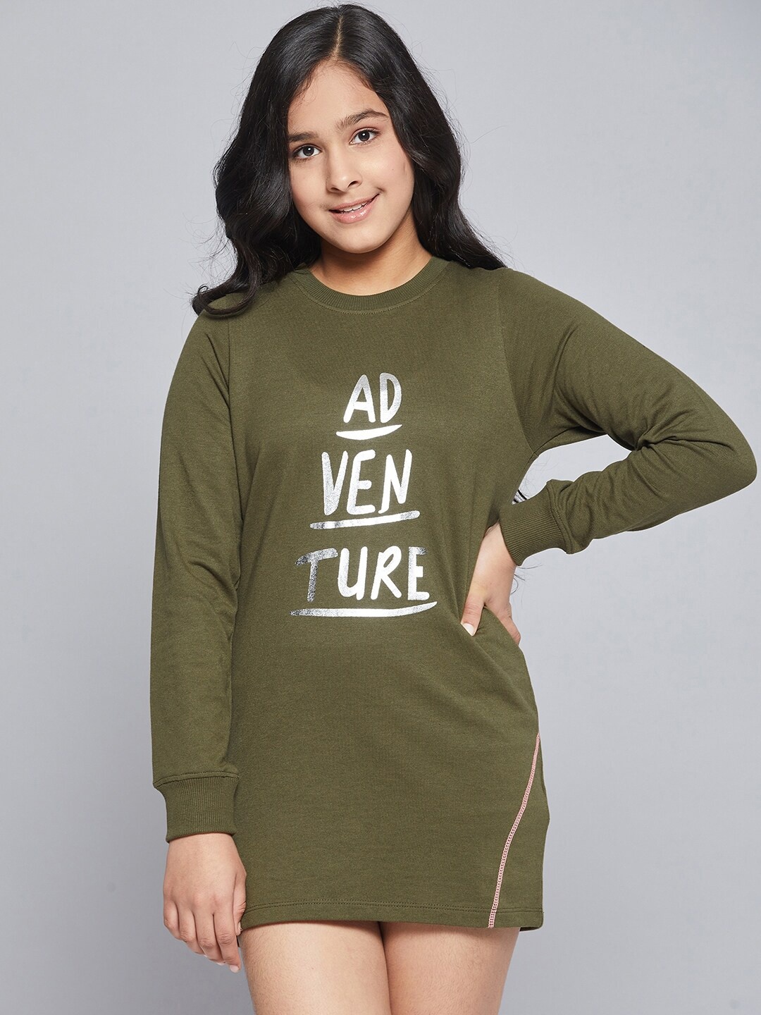 

Noh Voh - SASSAFRAS Kids Girls Olive Green & Silver Typography Print Jumper Dress
