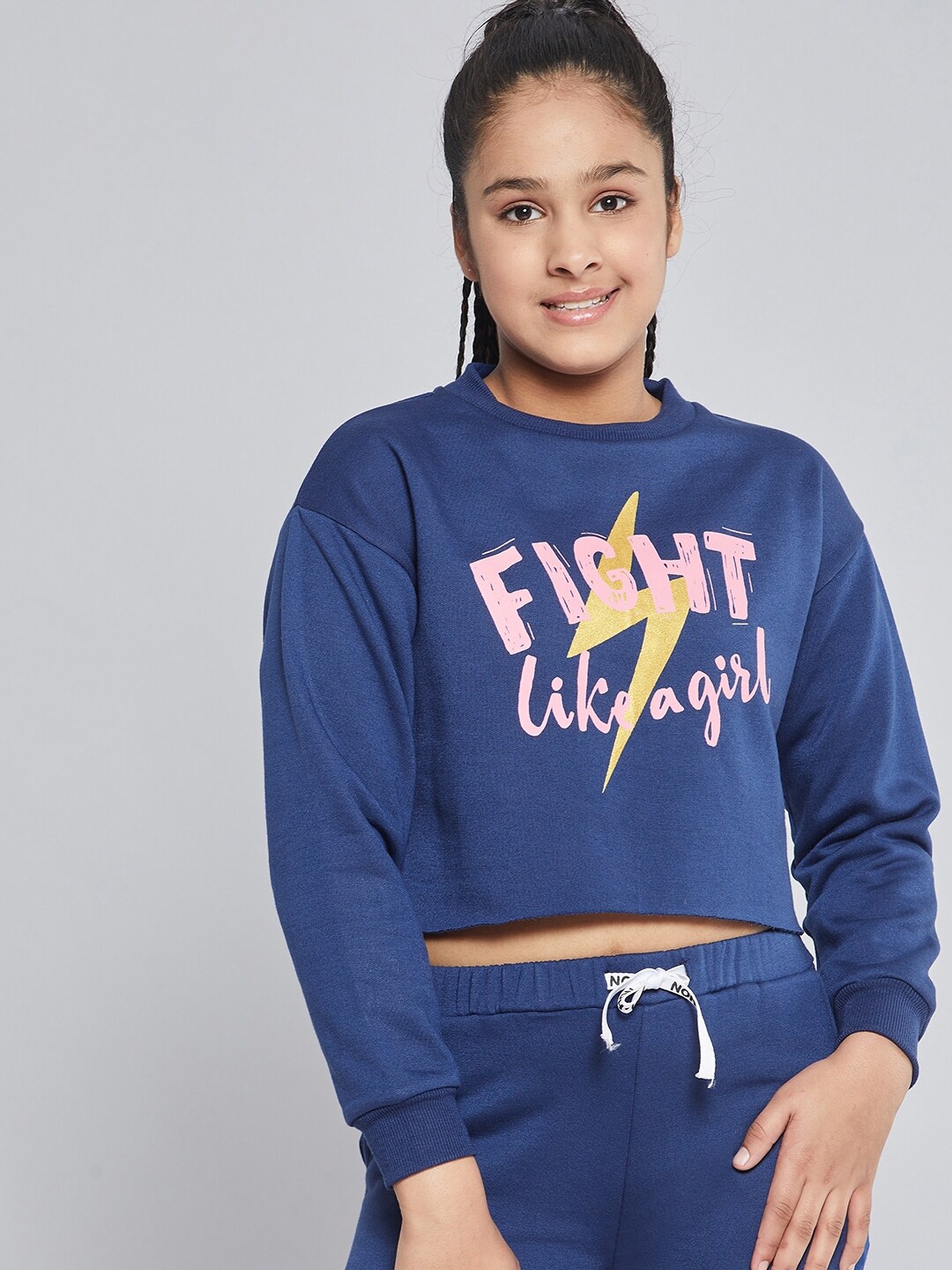 

Noh.Voh - SASSAFRAS Kids Girls Navy Blue & Pink Fleece Typography Print Crop Sweatshirt