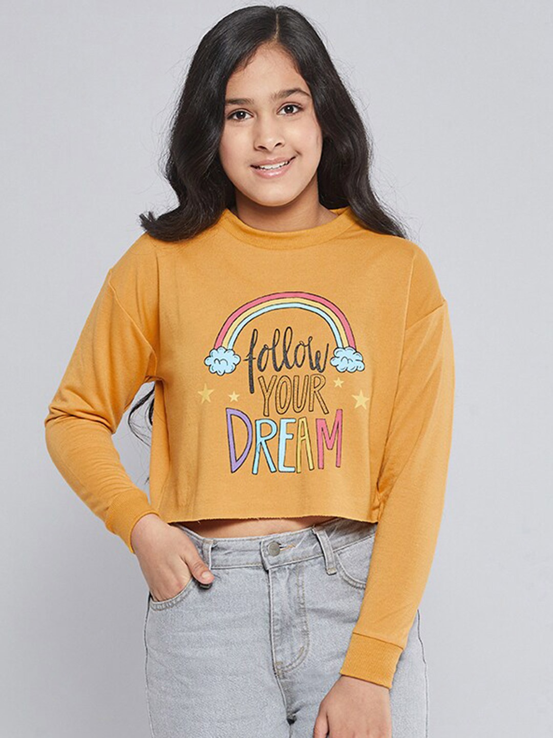 

Noh Voh - SASSAFRAS Kids Girls Mustard Printed Crop Sweatshirt