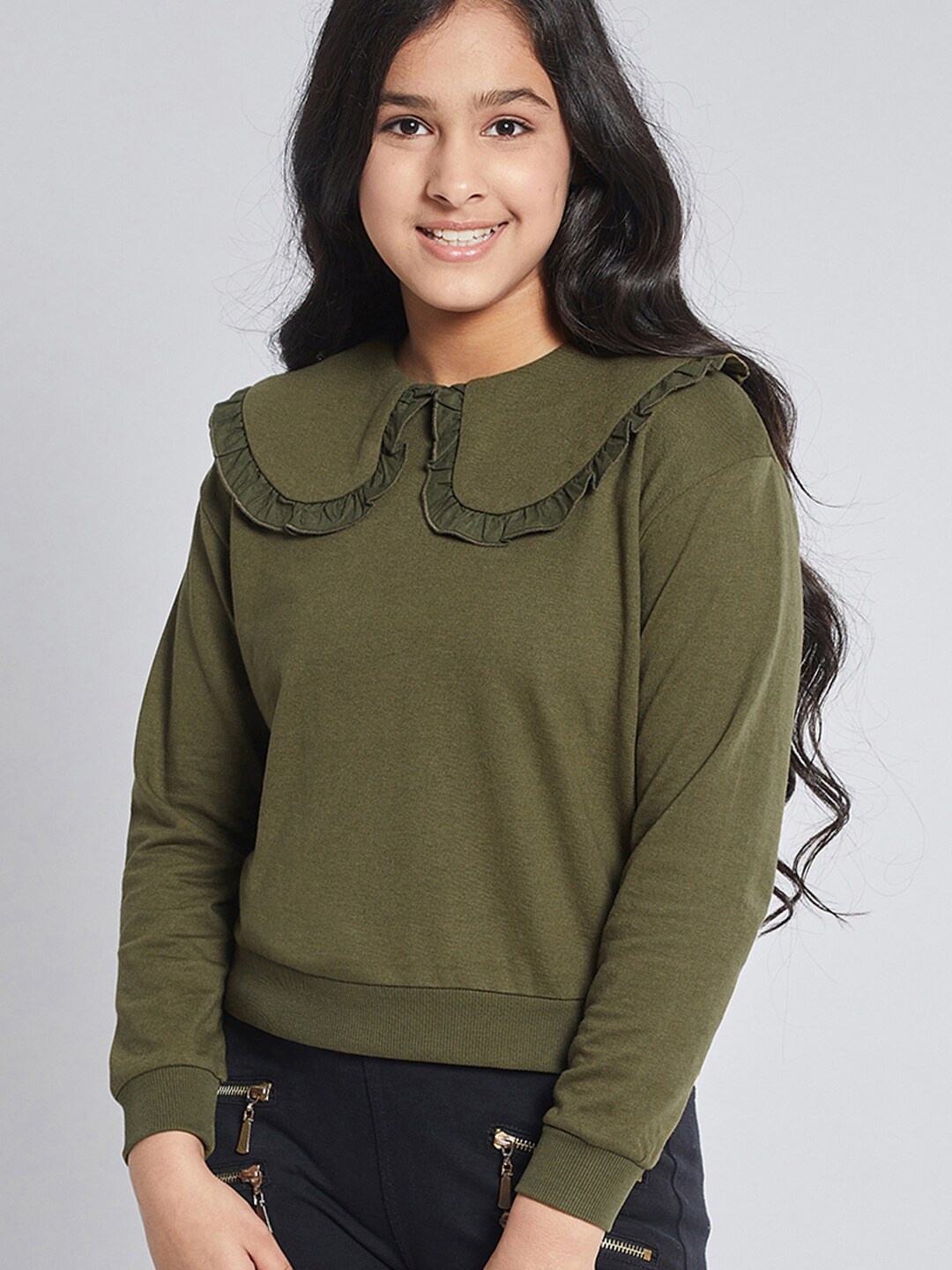 

Noh Voh - SASSAFRAS Kids Girls Olive Green Solid Sweatshirt