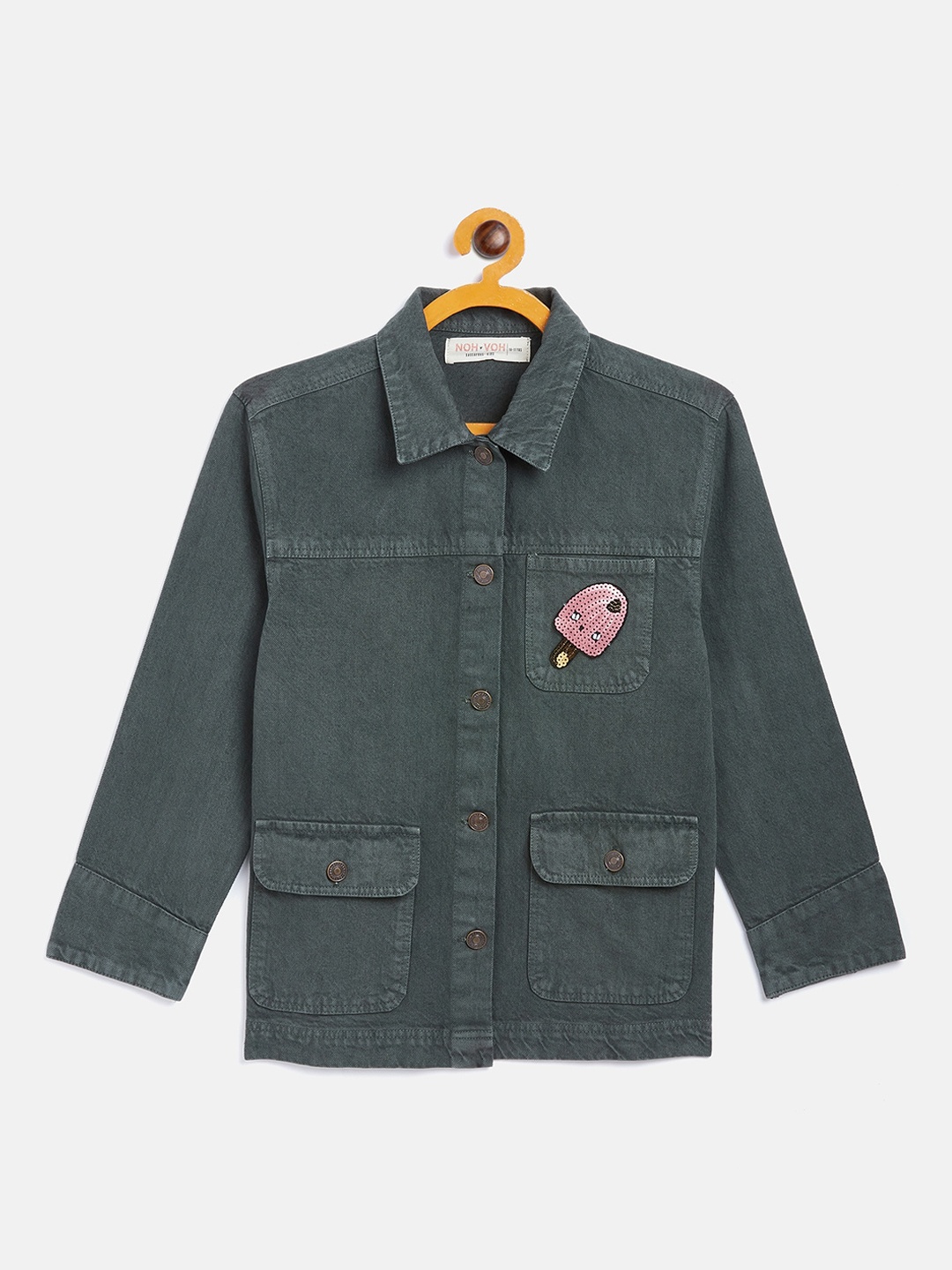 

Noh.Voh - SASSAFRAS Kids Girls Olive Green Pure Cotton Denim Jacket with Patchwork