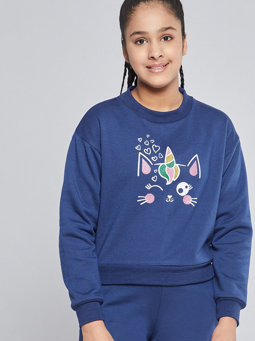 

Noh Voh - SASSAFRAS Kids Girls Blue & White Glitter Printed Sweatshirt