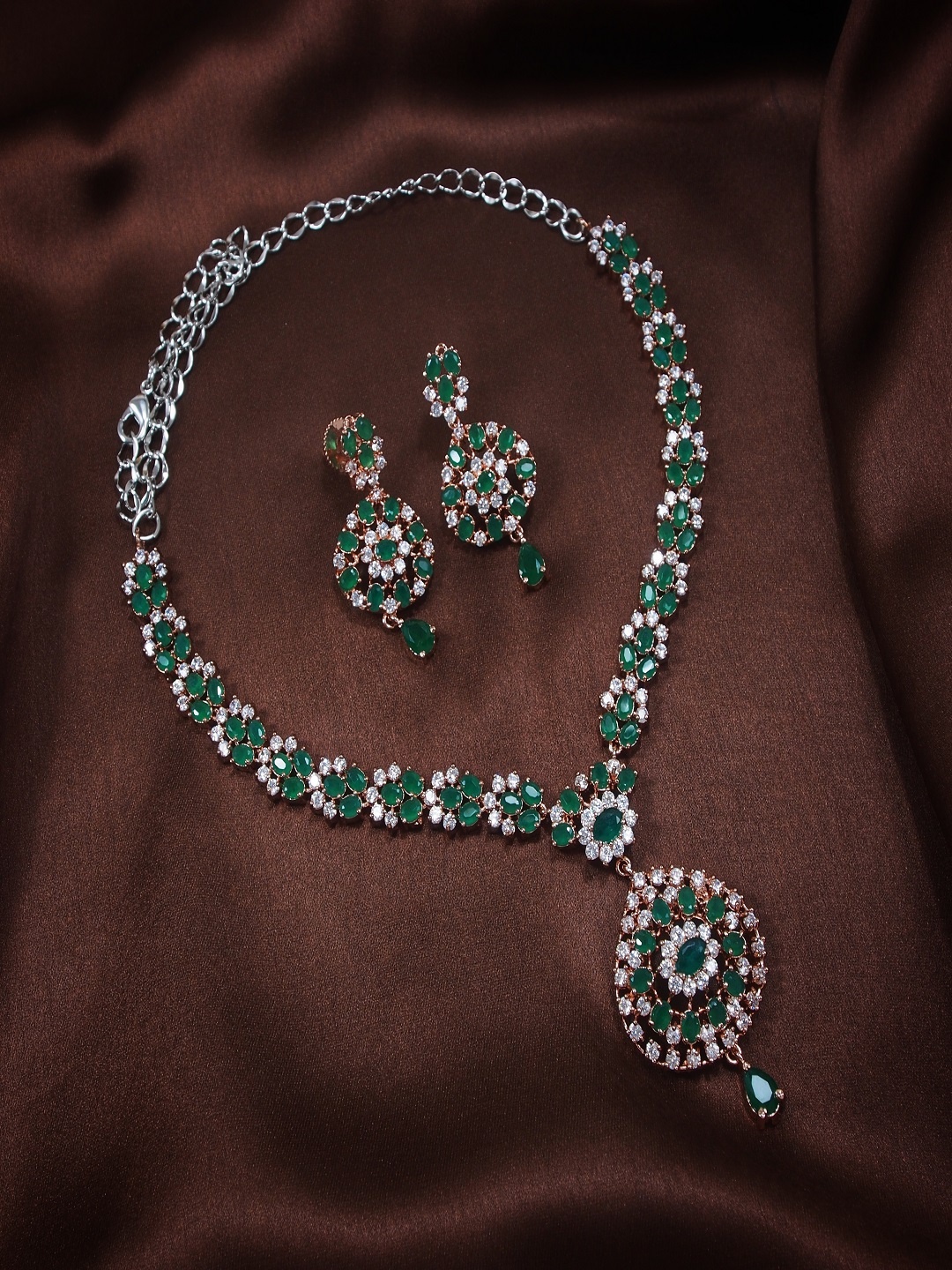 

I Jewels Rose Gold-Plated & Green CZ AD Studded Jewellery Set