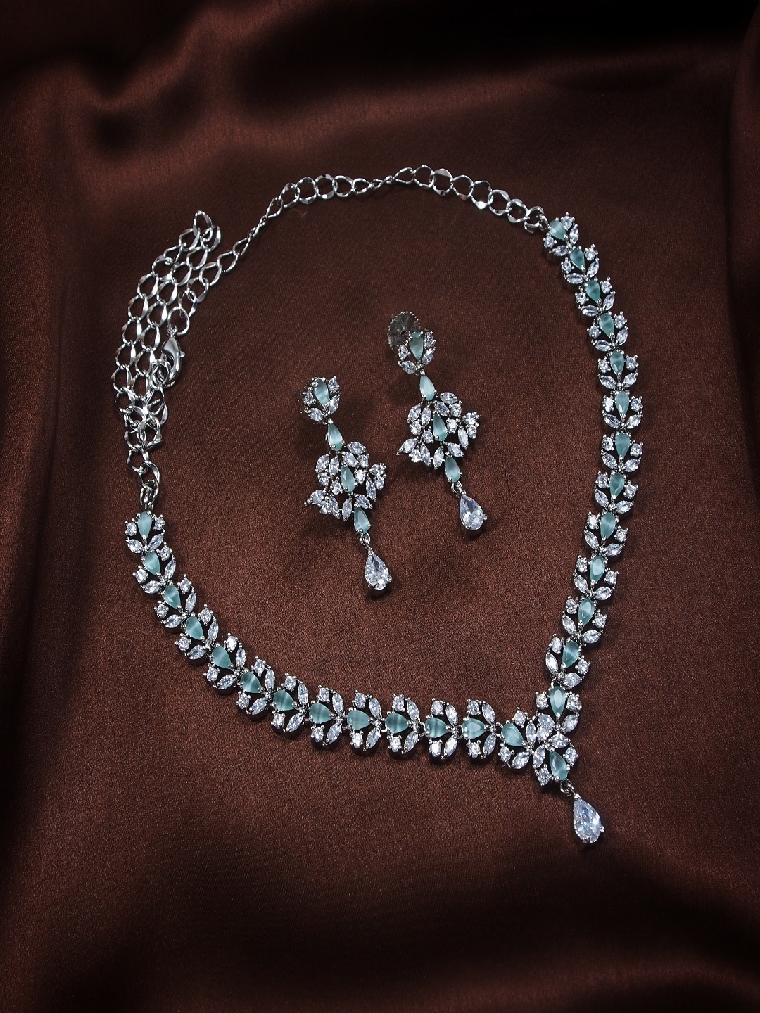 

I Jewels Rhodium Plated CZ AD Studded Jewellery Set, Sea green