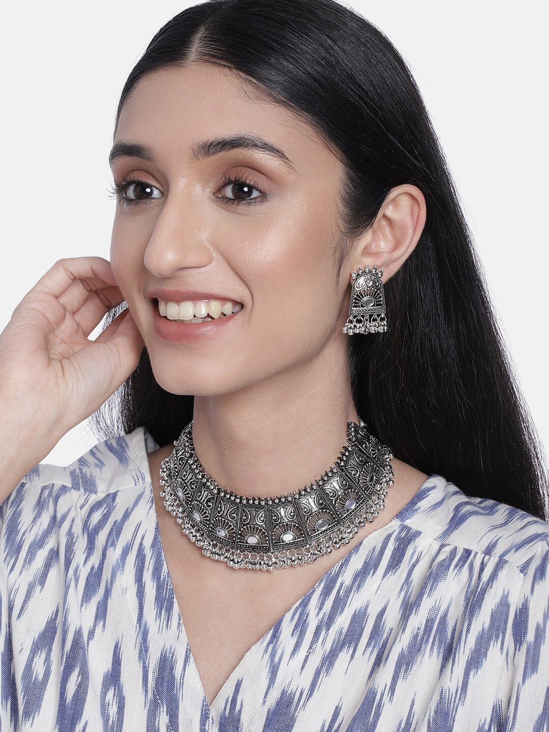 

I Jewels Silver-Plated Oxidized Traditional Mirror Work Jewellery Set