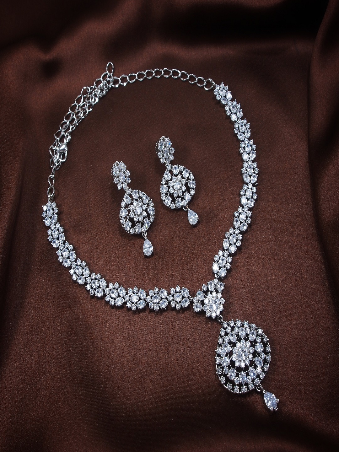 

I Jewels Rhodium Plated CZ AD Studded Jewellery Set, Silver