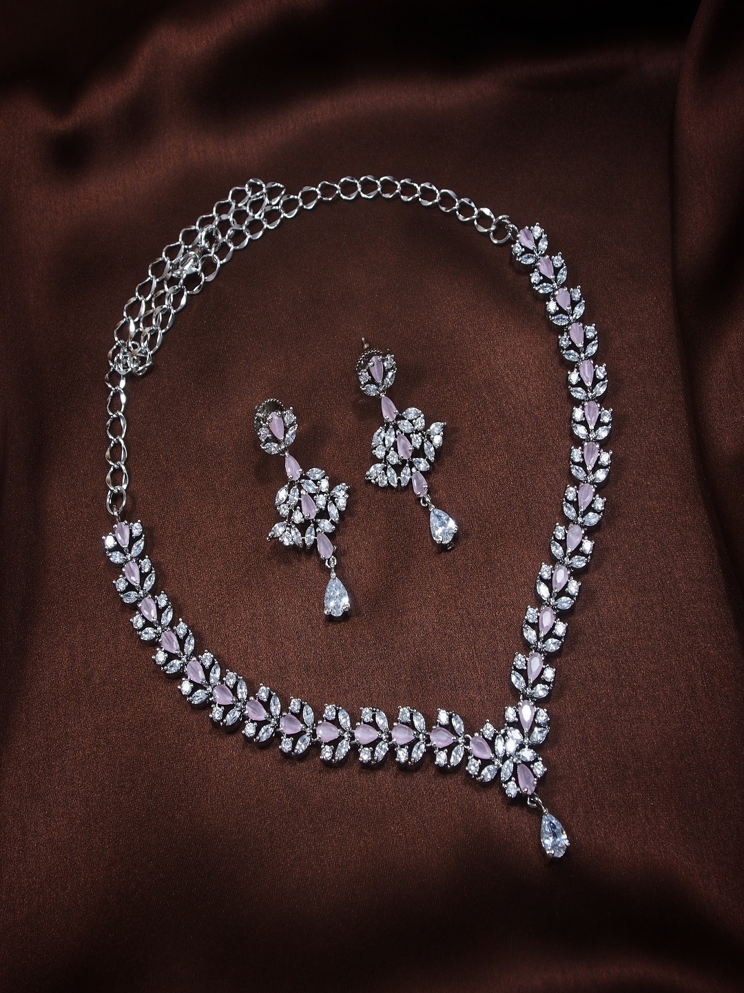 

I Jewels Rhodium Plated CZ AD Studded Jewellery Set, Pink