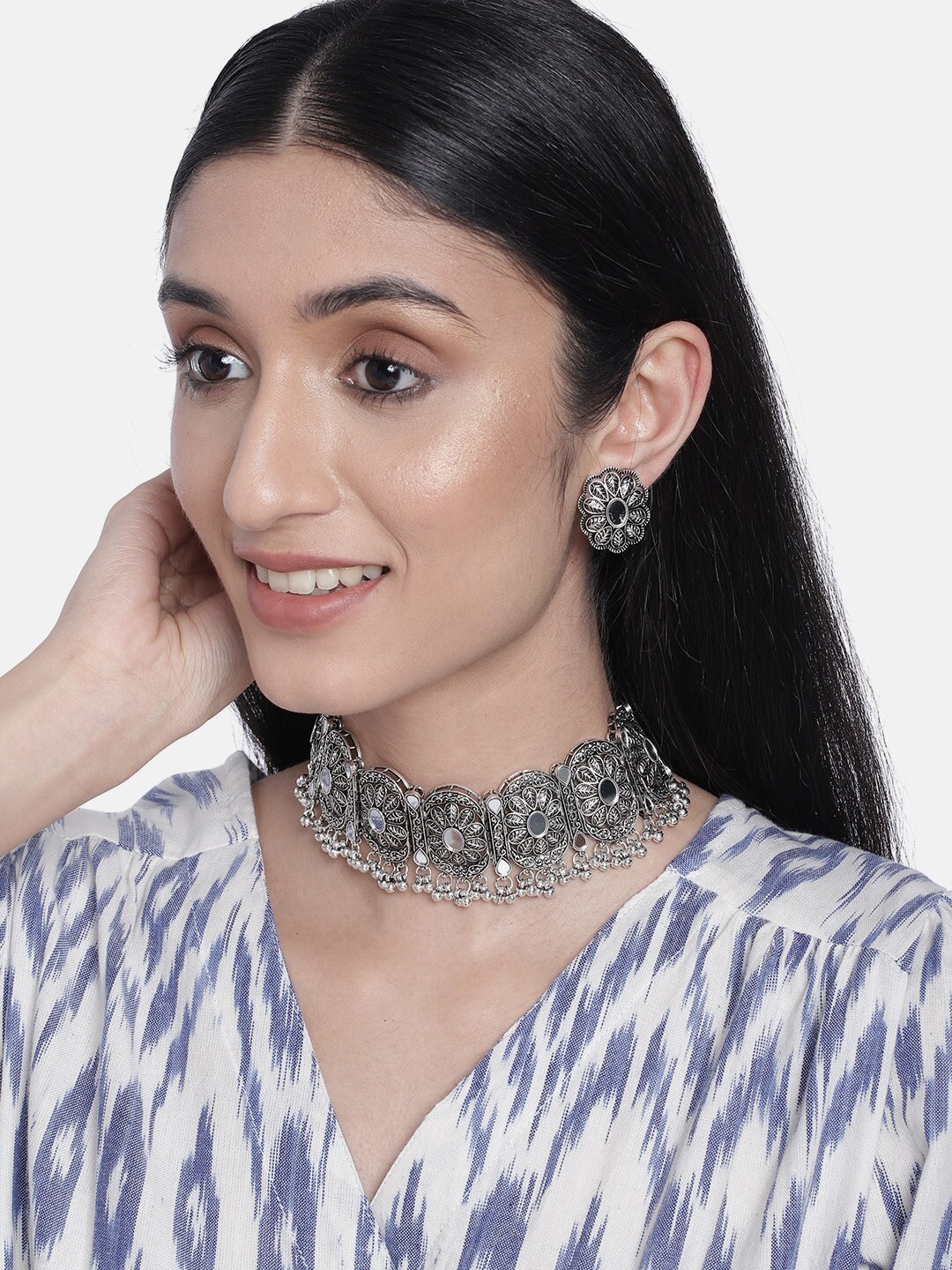 

I Jewels Silver-Plated Oxidized Traditional Mirror Work Jewellery Set