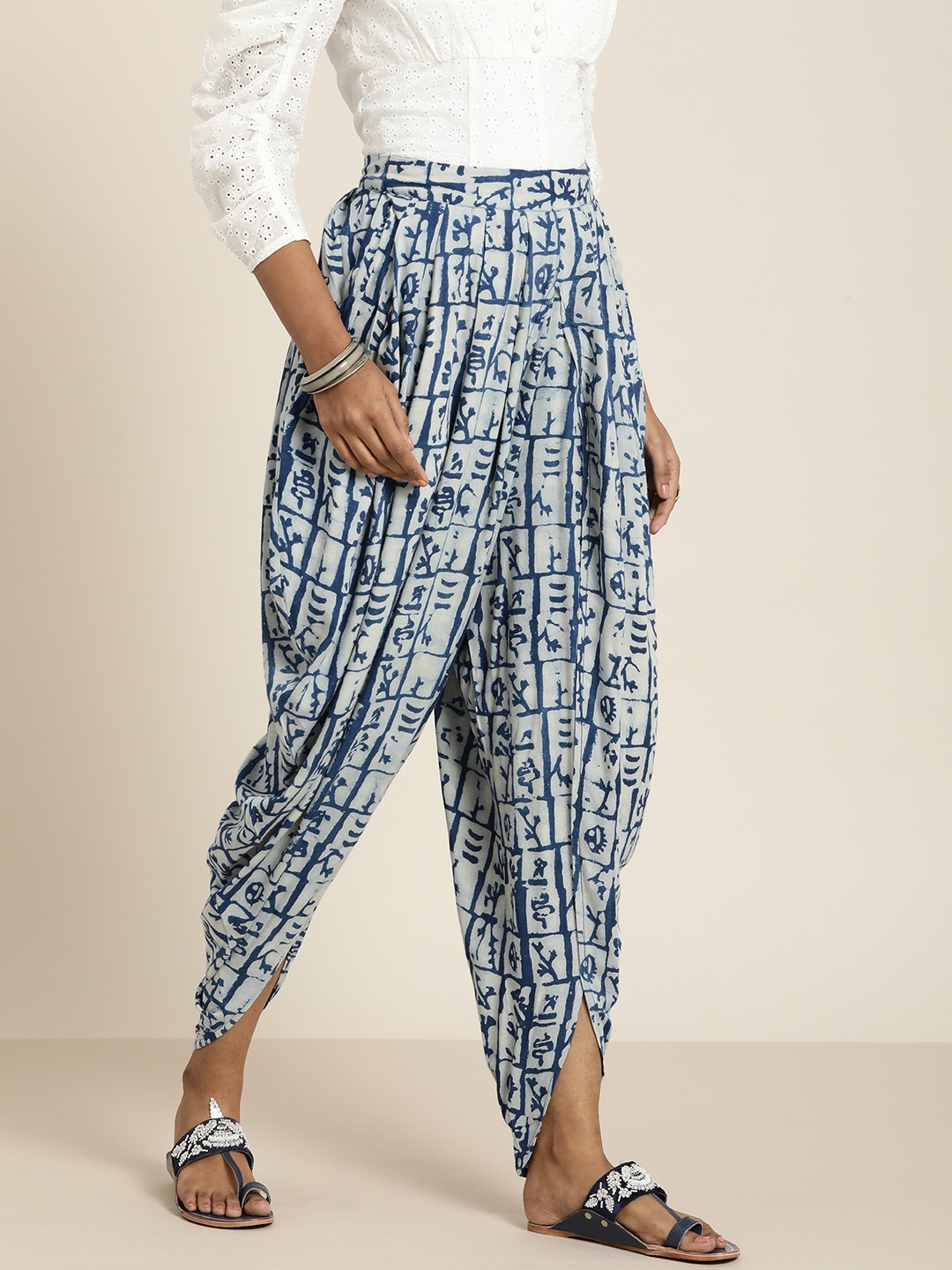 

Taavi Women White Cyanotype Indigo Printed Sustainable Pure Cotton High-Rise Dhoti Pants