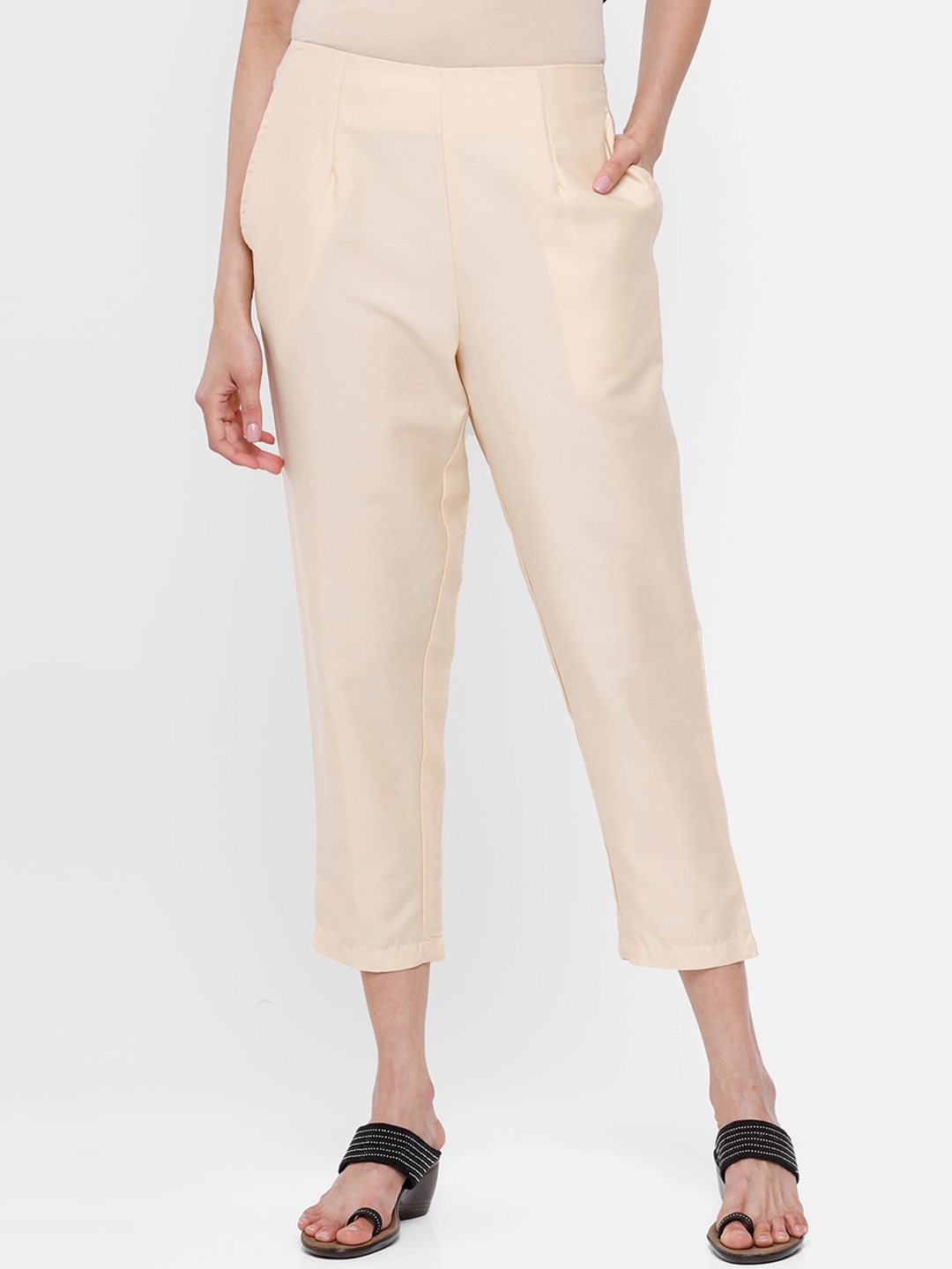 

De Moza Women Beige Straight Silk Cropped Trousers