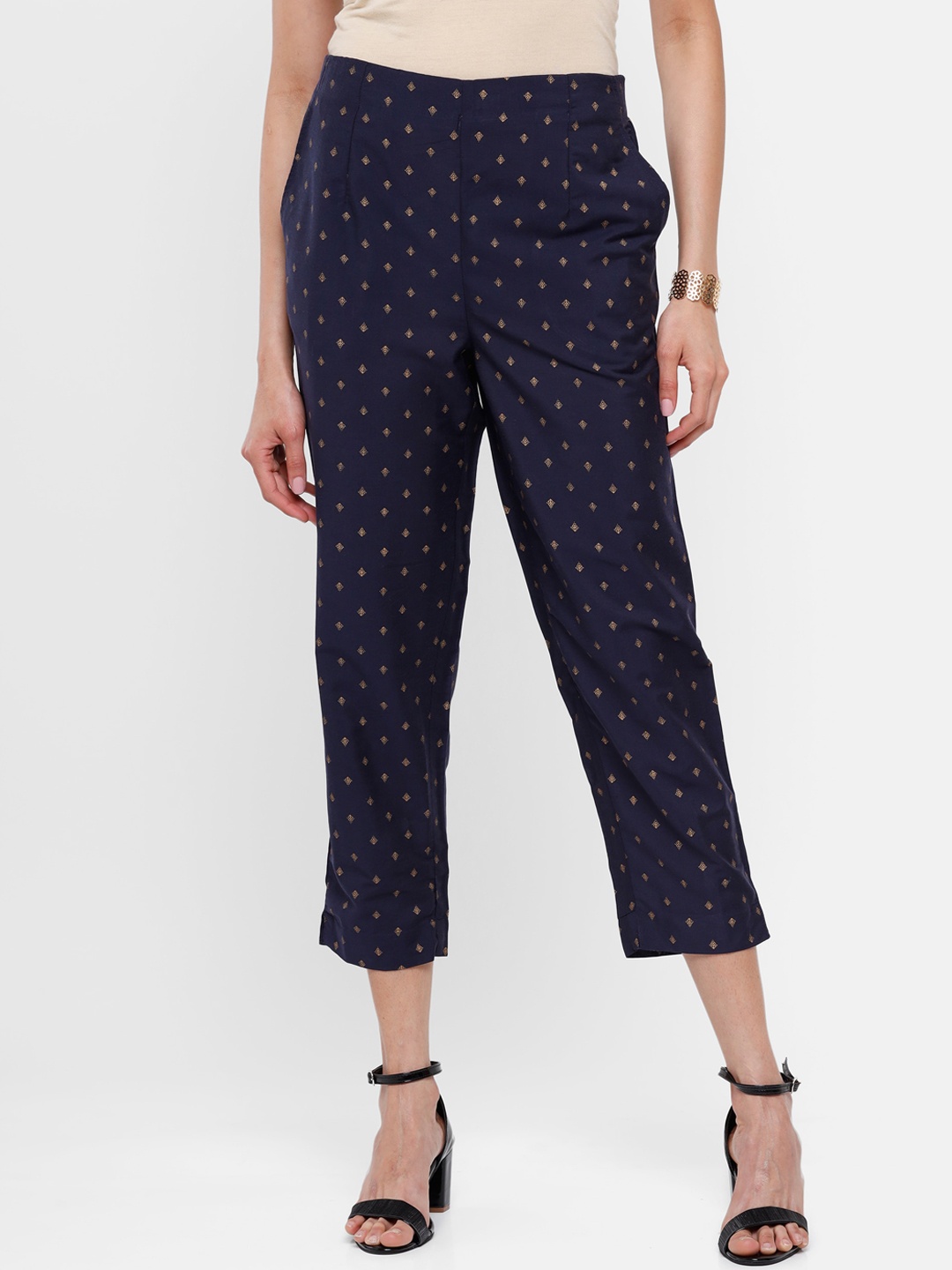 

De Moza Women Navy Blue Ethnic Motifs Printed Trousers