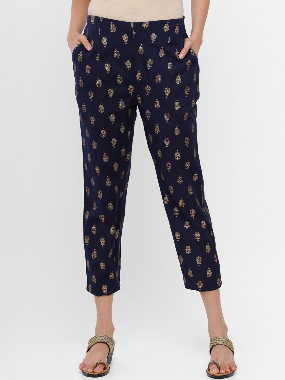 

De Moza Women Navy Blue Ethnic Motifs Printed Trousers