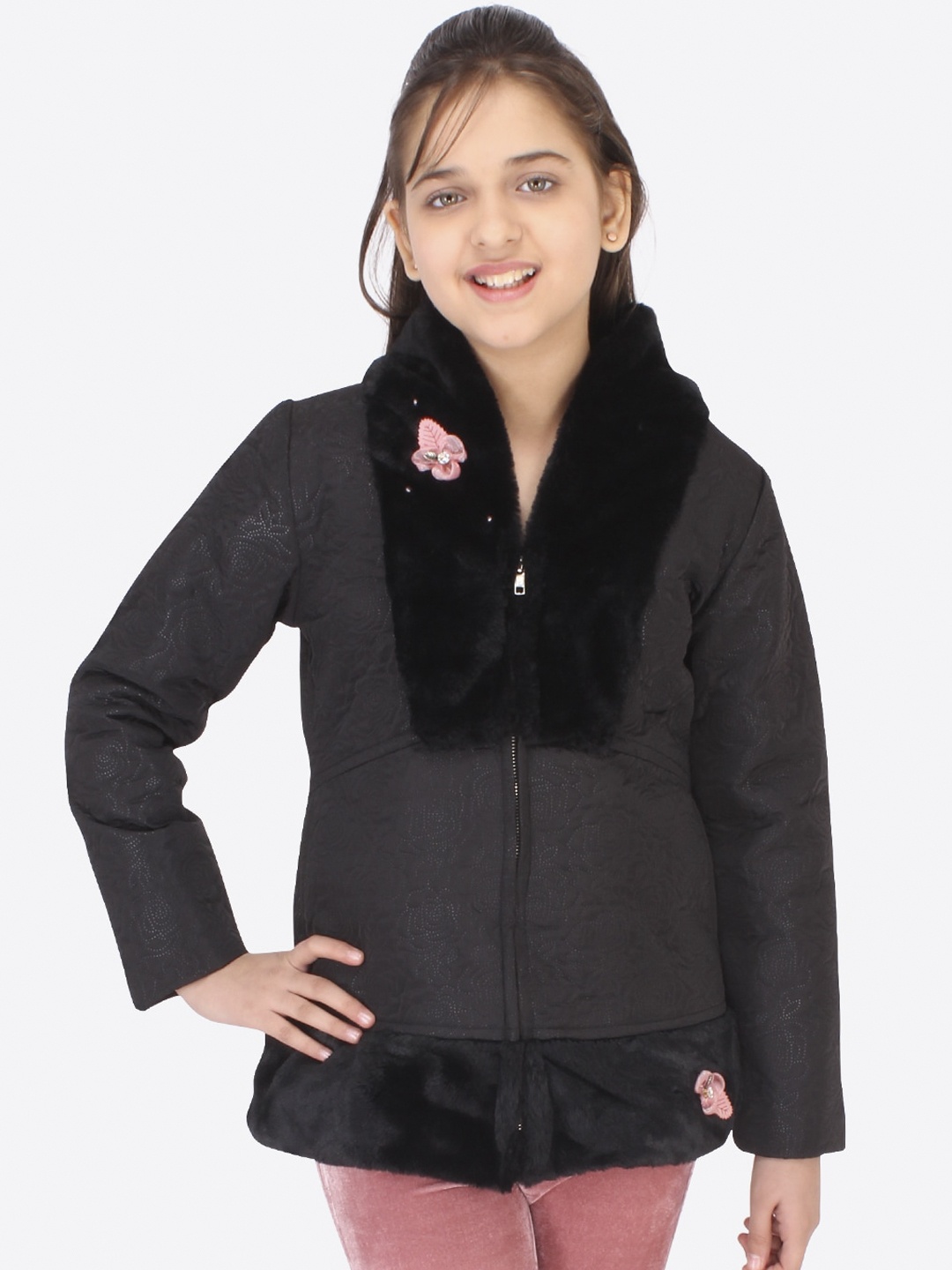 

CUTECUMBER Girls Black Colourblocked Tailored Jacket with Embroidered