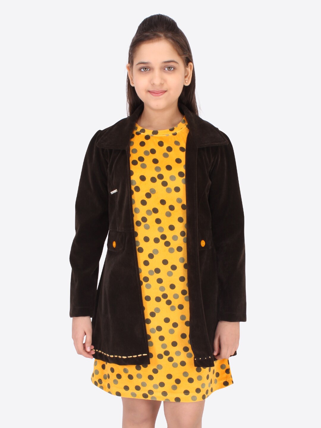 

CUTECUMBER Girls Mustard Yellow & Coffee Brown Polka-Dot Print A-Line Dress & Coat