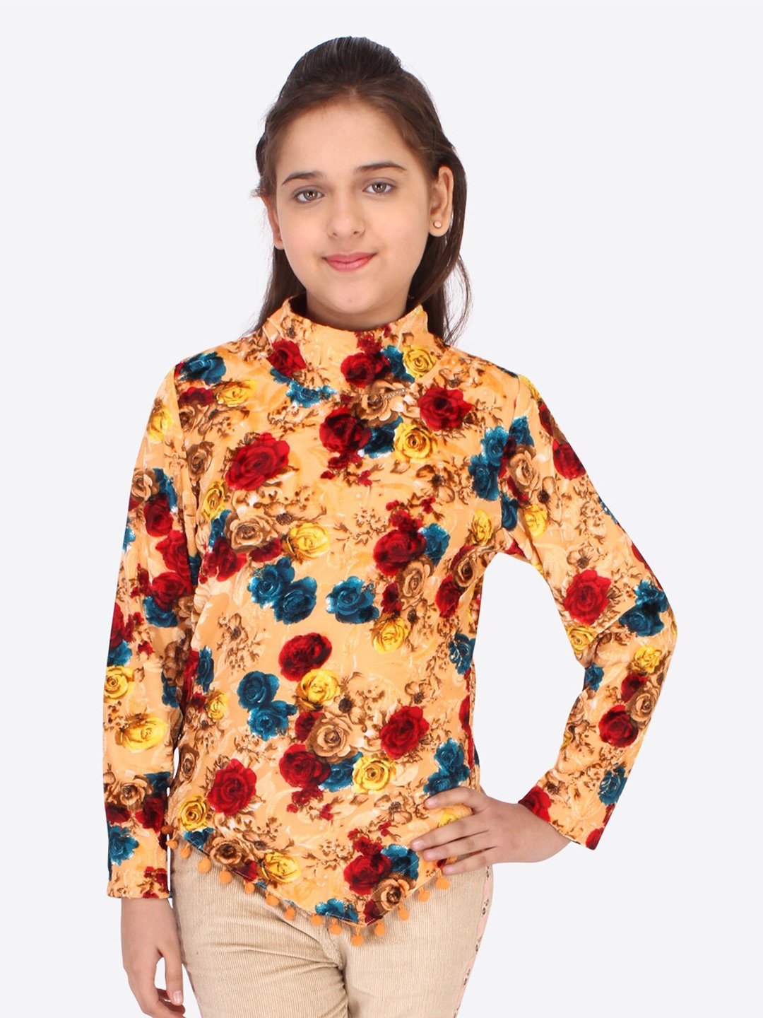 

CUTECUMBER Girls Yellow & Red Floral Print Velvet Top