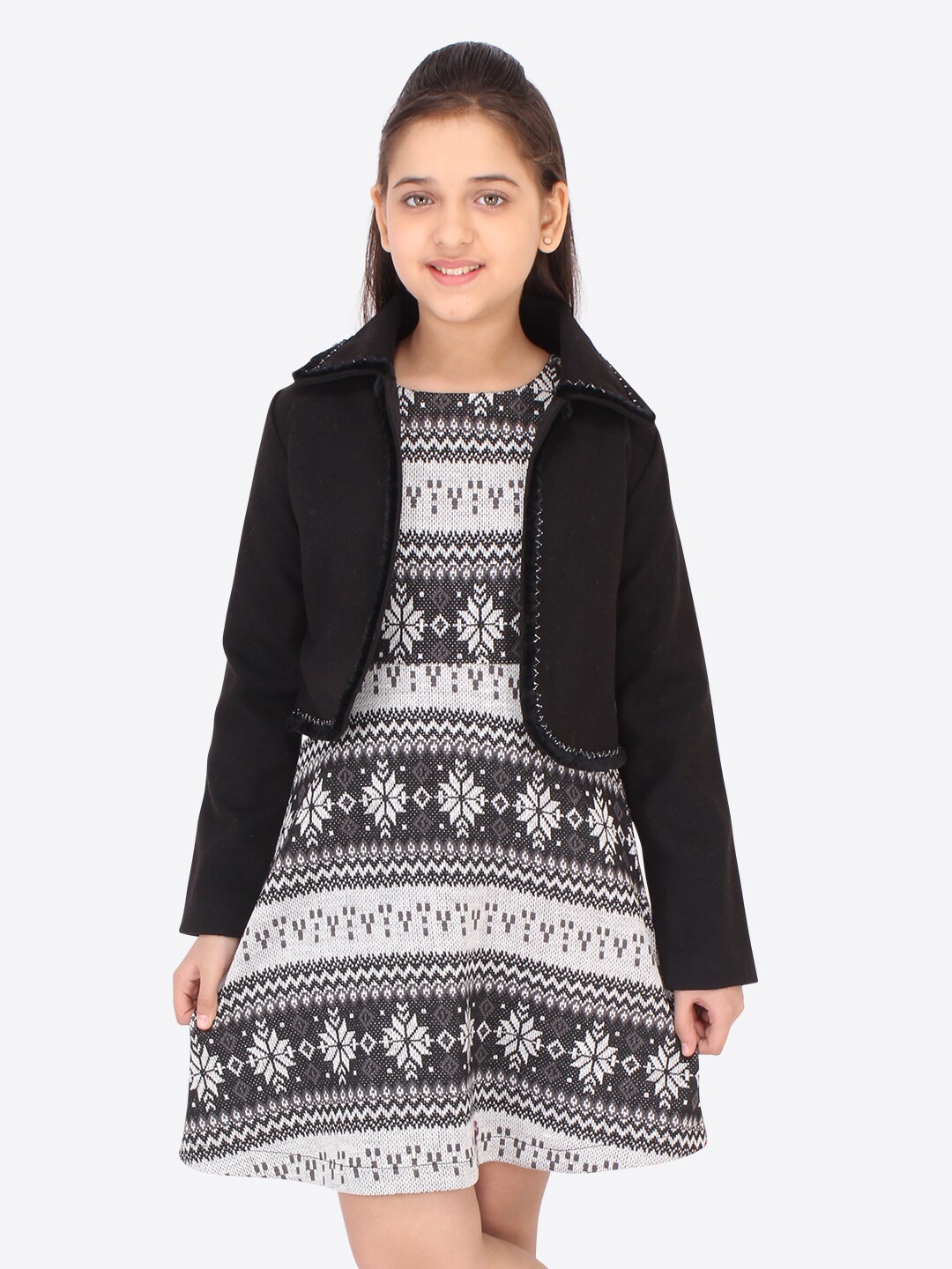 

CUTECUMBER Girls Black & White Acrylic Sweater Dress with Crop Jacket