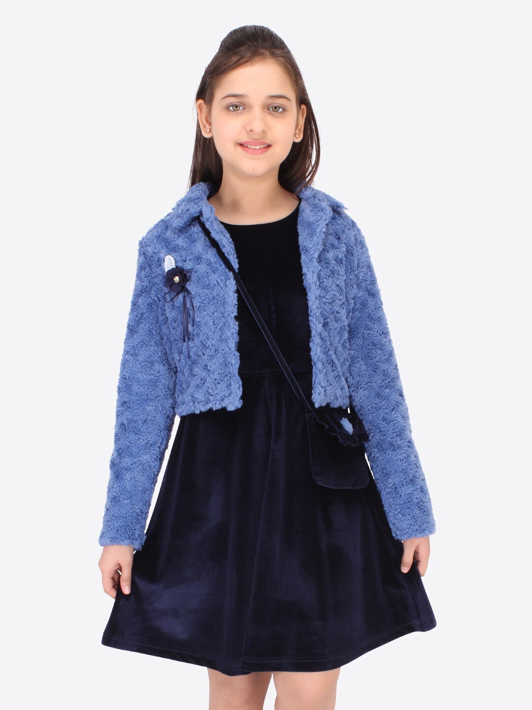 

CUTECUMBER Girls Navy Blue Velvet A-Line Dress With Detachable Shrug