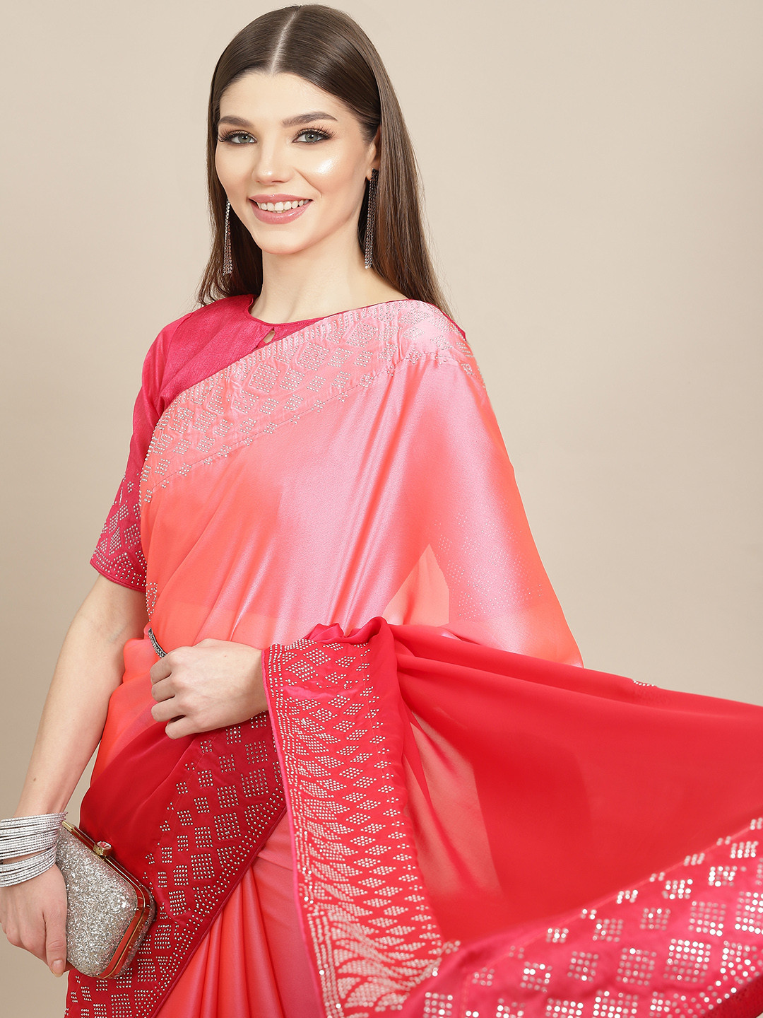 

Mitera Pink Woven Design Sequinned Bomkai silk Saree