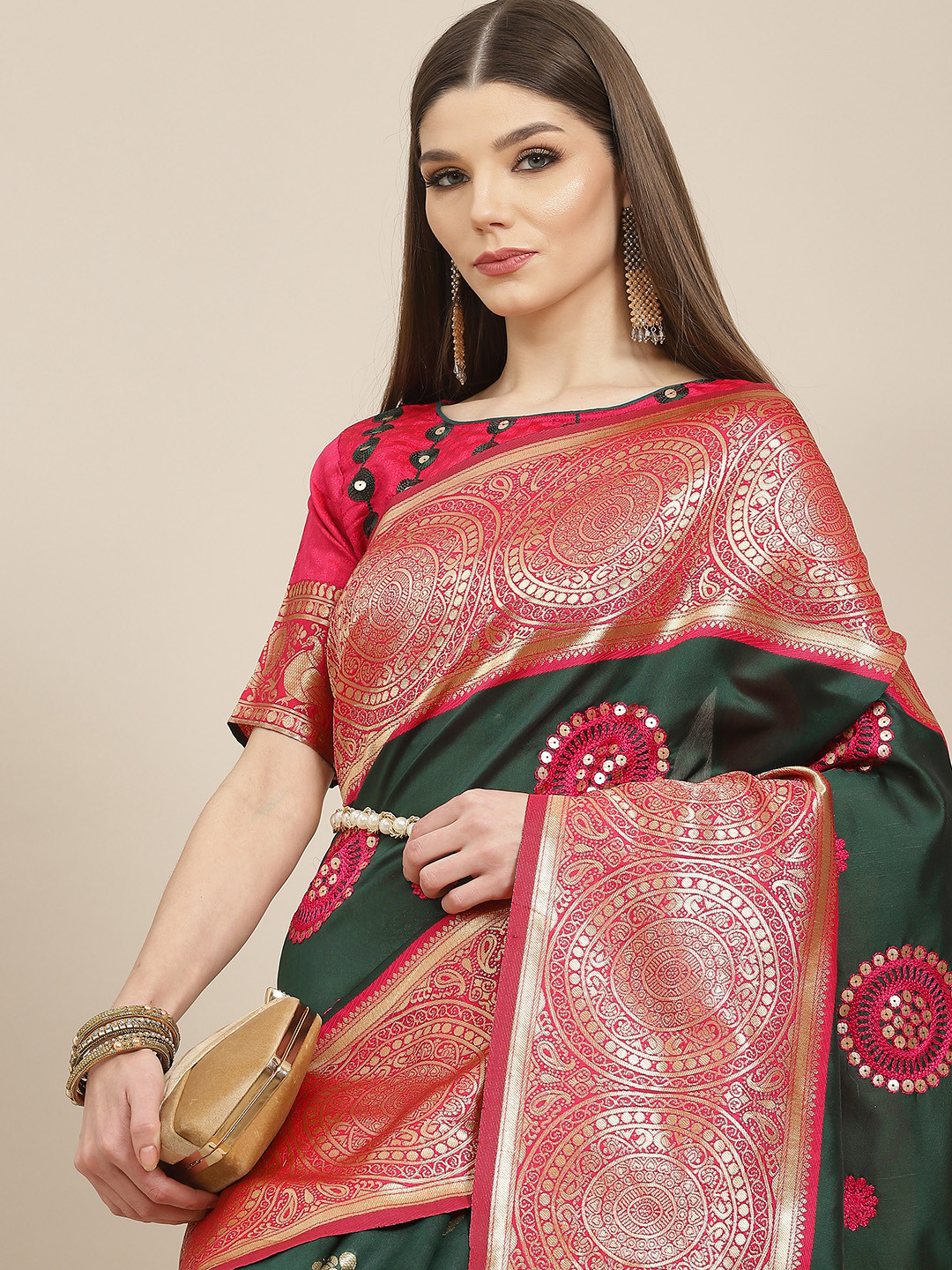 

Mitera Green & Pink Embellished Embroidered Silk Cotton Banarasi Saree
