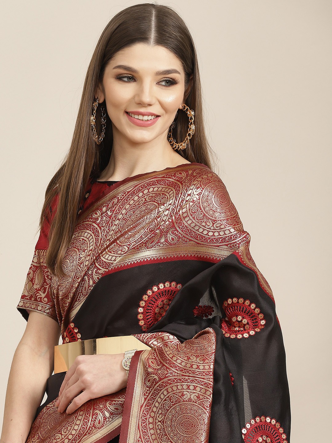 

Mitera Black & Red Embellished Embroidered Silk Cotton Banarasi Saree