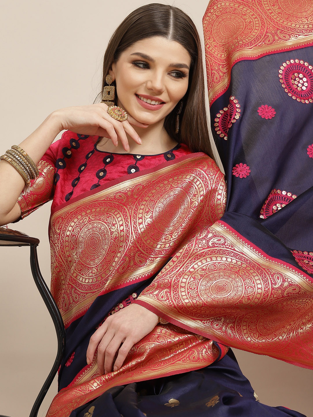 

Mitera Navy Blue & Pink Woven Design Silk Cotton Banarasi Saree