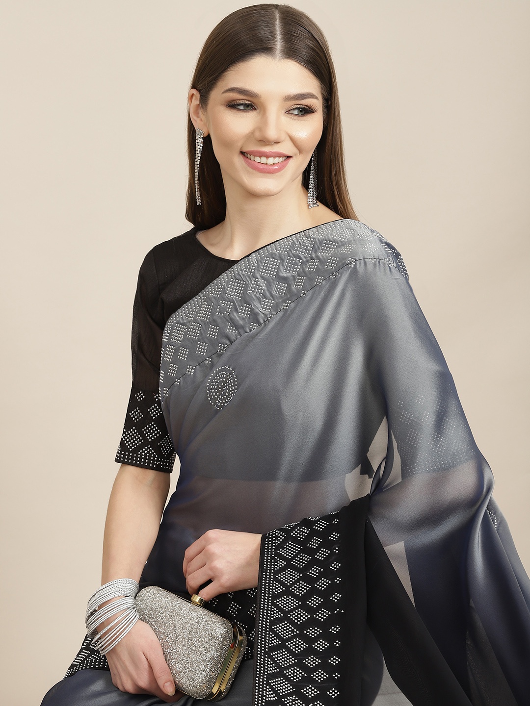 

Mitera Black & Grey Woven Design Sequinned Bomkai silk Saree