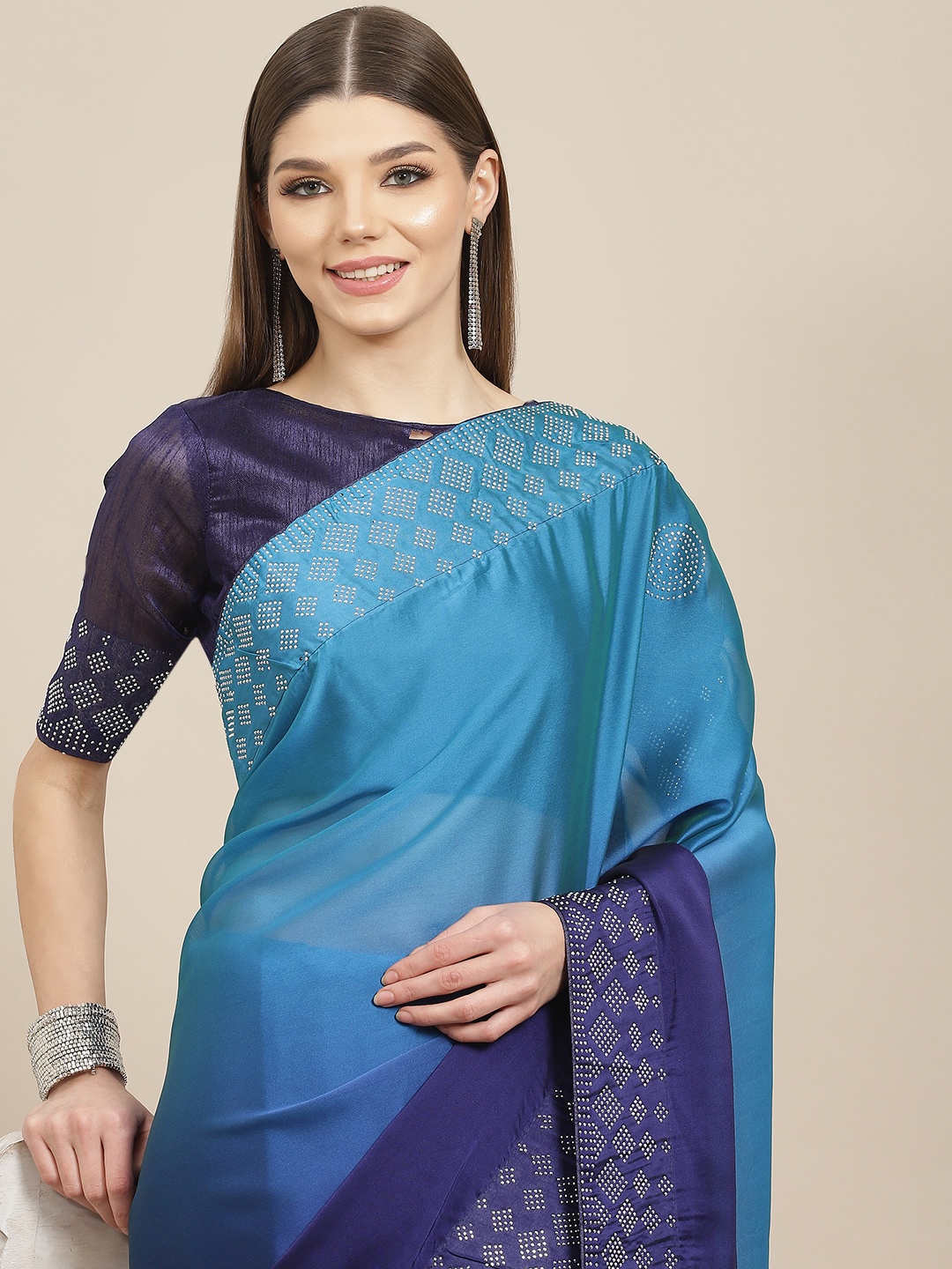 

Mitera Blue Sequinned Two-Tone Shade Bomkai Silk Saree