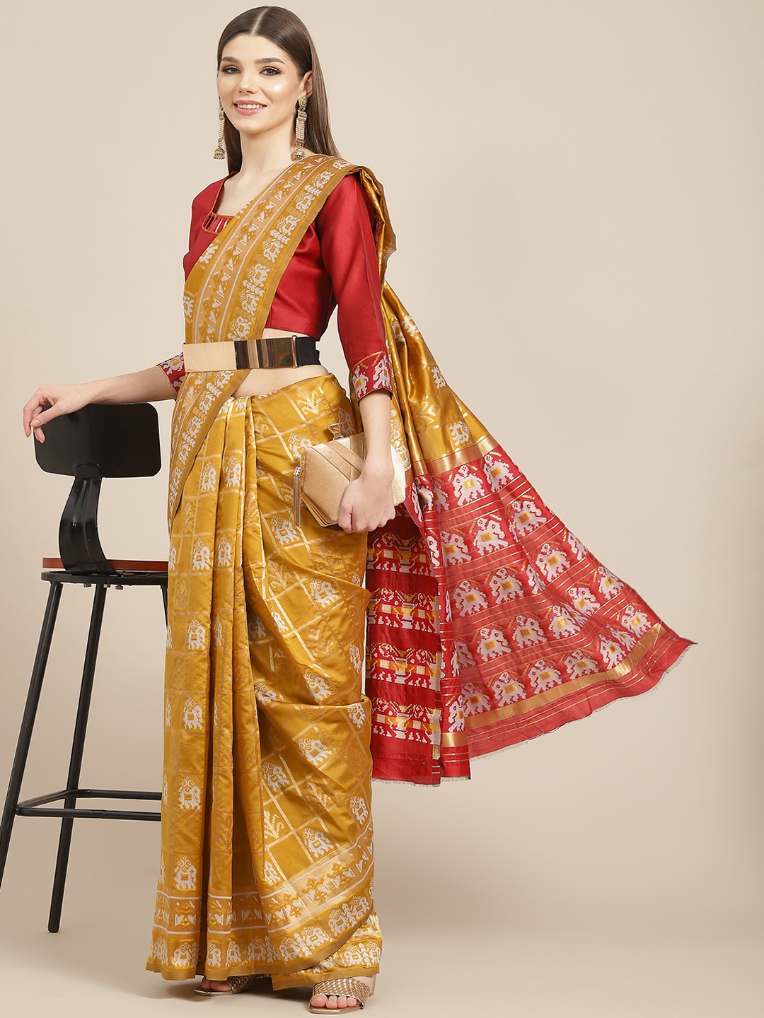 

Mitera Yellow & Red Woven Design Silk Cotton Banarasi Saree
