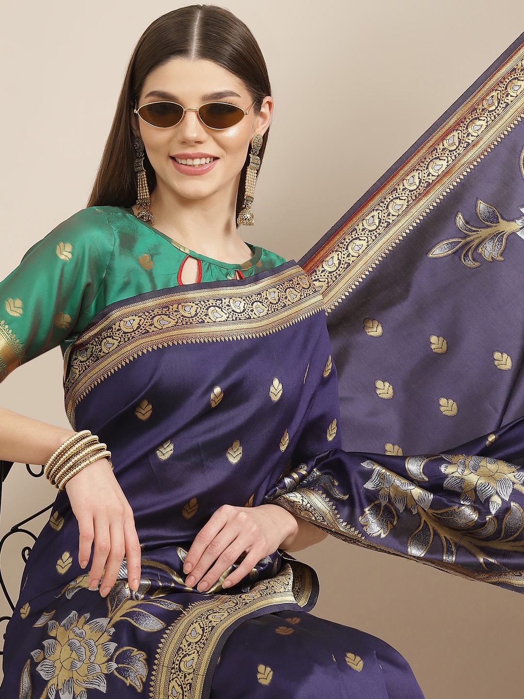 

Mitera Navy Blue & Gold-Toned Woven Design Silk Cotton Banarasi Saree