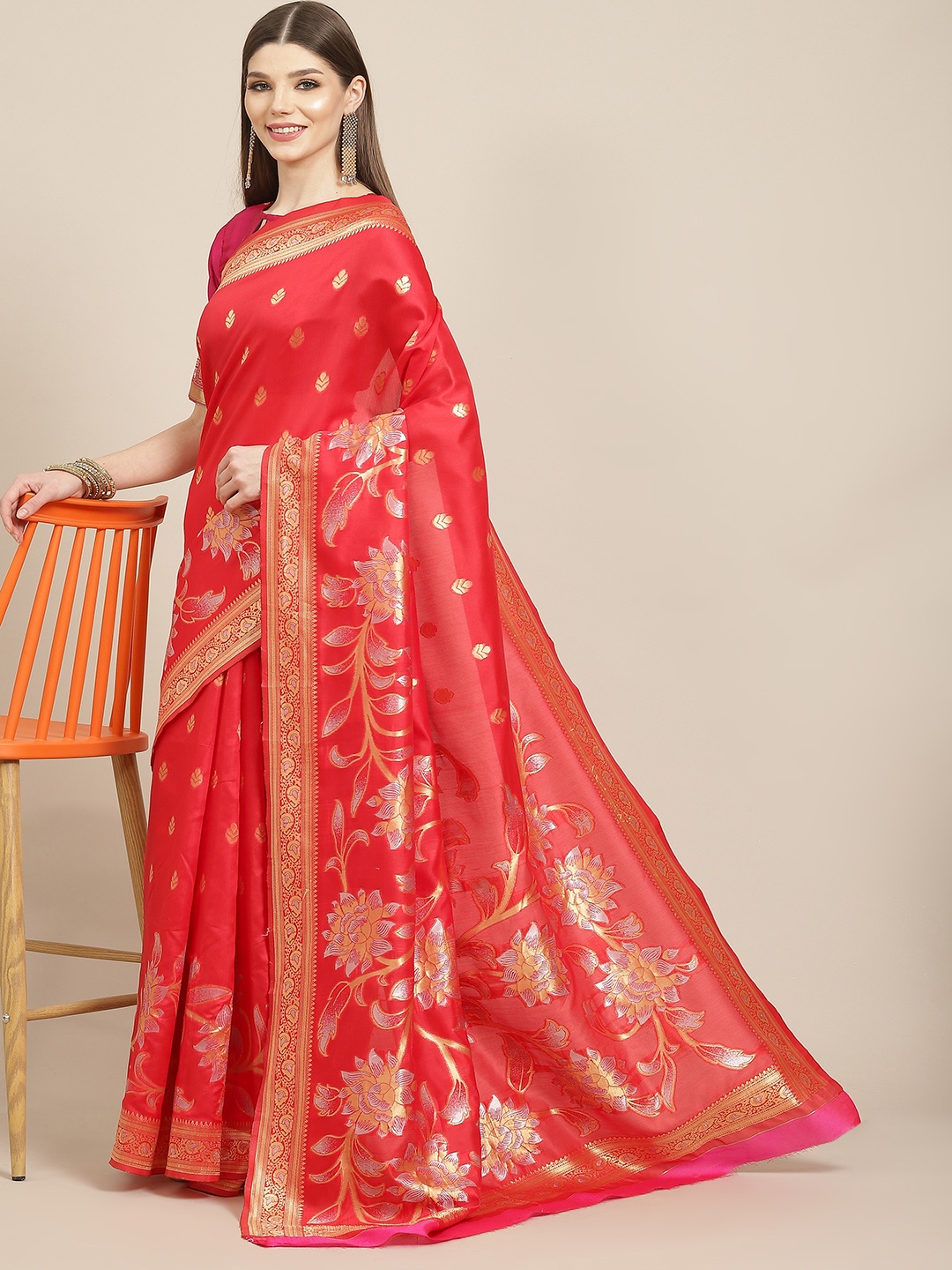 

Mitera Red & Golden Woven Design Silk Cotton Banarasi Saree