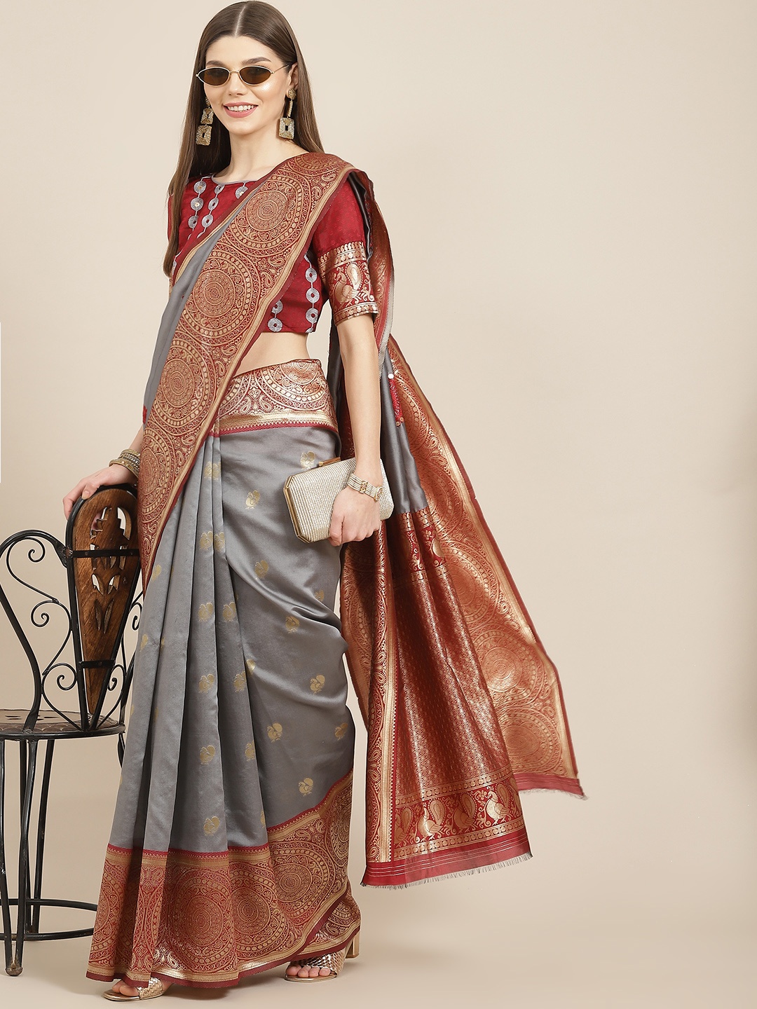 

Mitera Grey & Maroon Embellished Silk Cotton Banarasi Saree