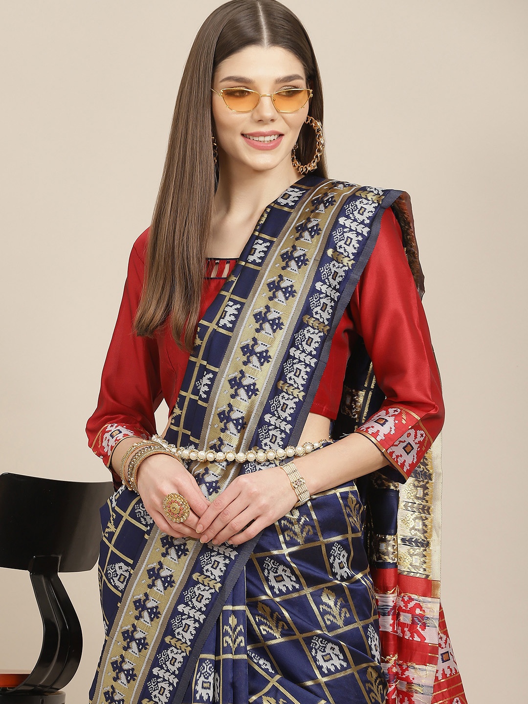 

Mitera Navy Blue & Red Woven Design Silk Cotton Banarasi Saree