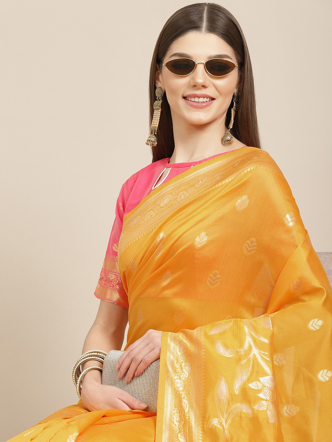 

Mitera Yellow & Gold-Toned Floral Silk Cotton Banarasi Saree