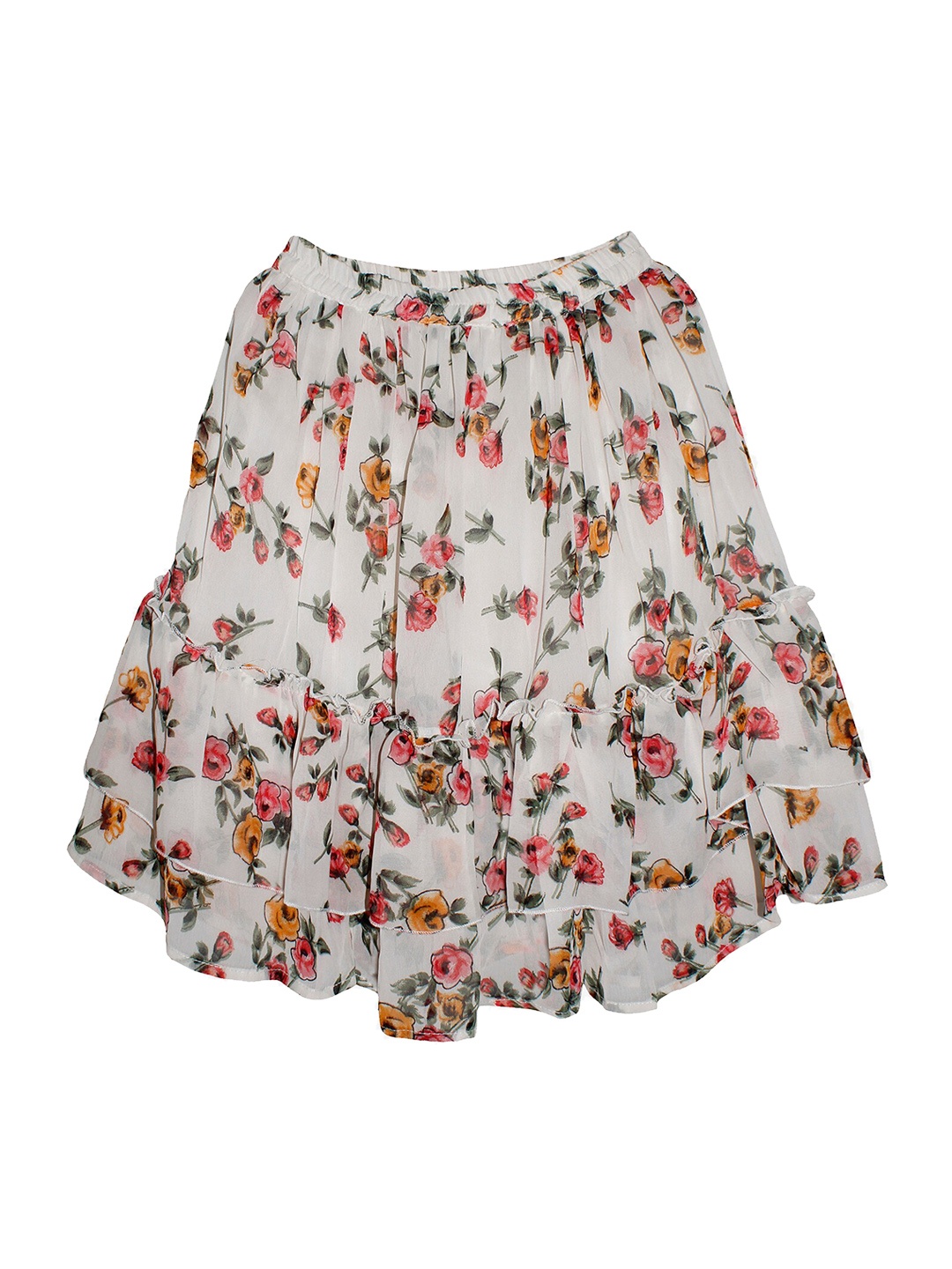 

KiddoPanti Girls White & Pink Floral Print Layered A-Line Skirt