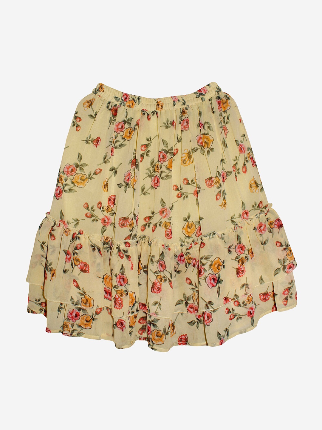

KiddoPanti Girls Yellow Printed Floral Frill Layered Flared Skirt