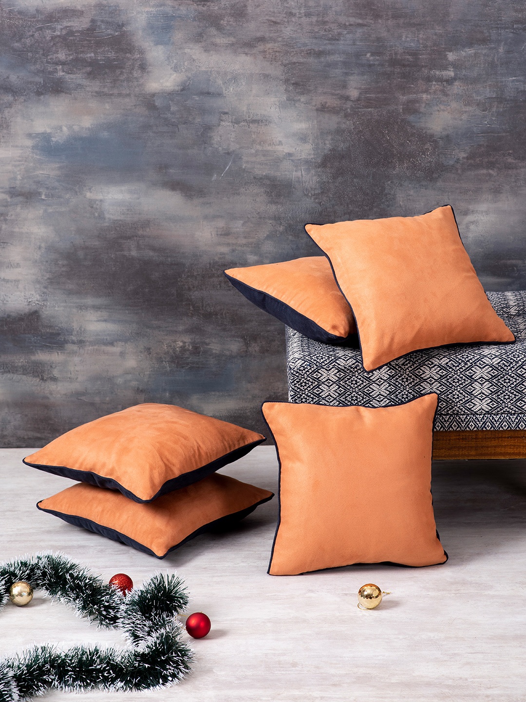 

nestroots Orange & Navy Blue Solid Pack Of 5 Square Cushion Covers
