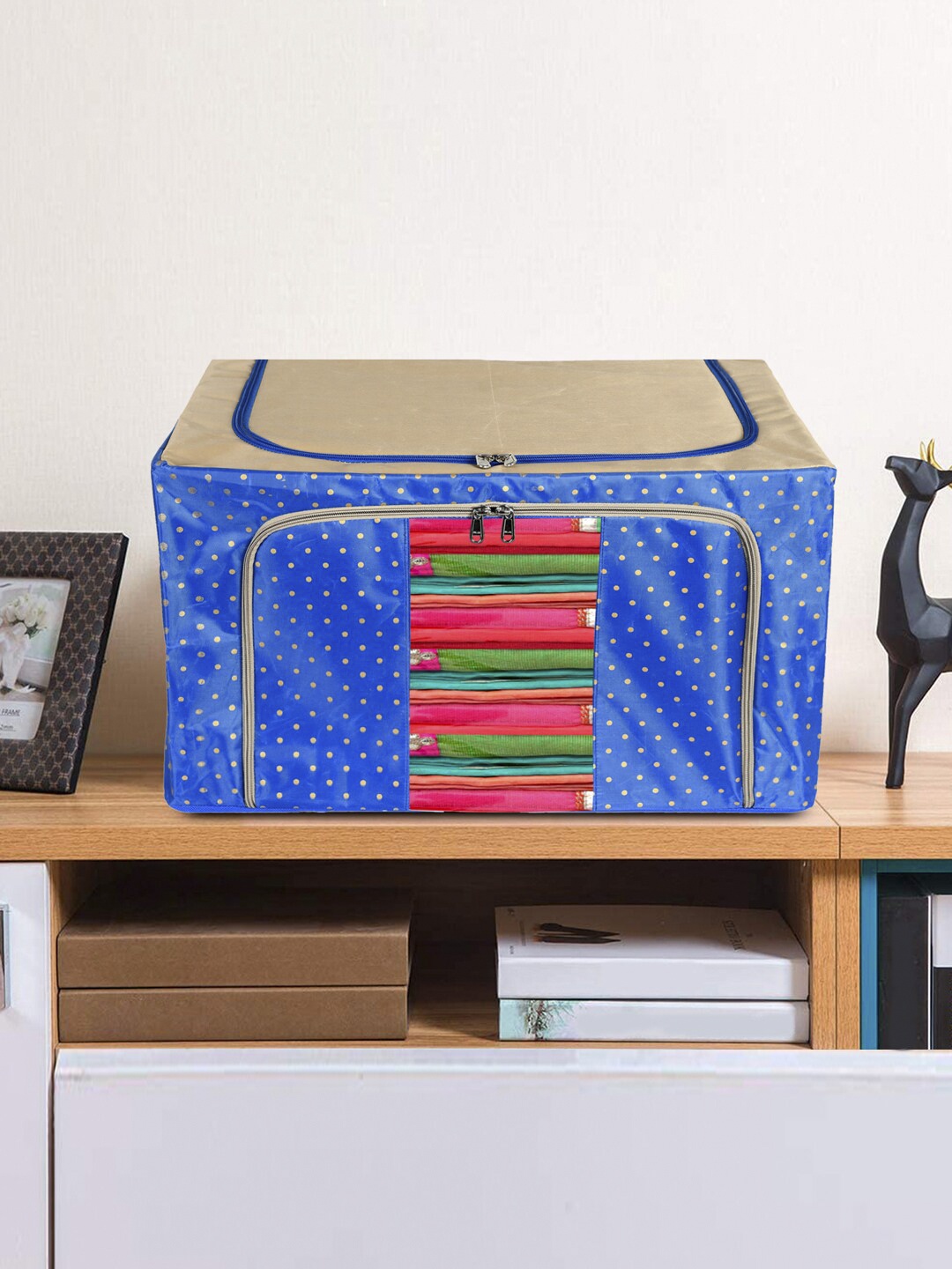

Kuber Industries Blue & Beige Polka Dot Printed Wardrobe Organizer With Clear Window