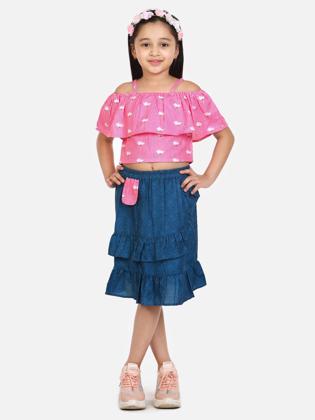 

LilPicks Girls Pink & Blue Pure Cotton Top with Skirt