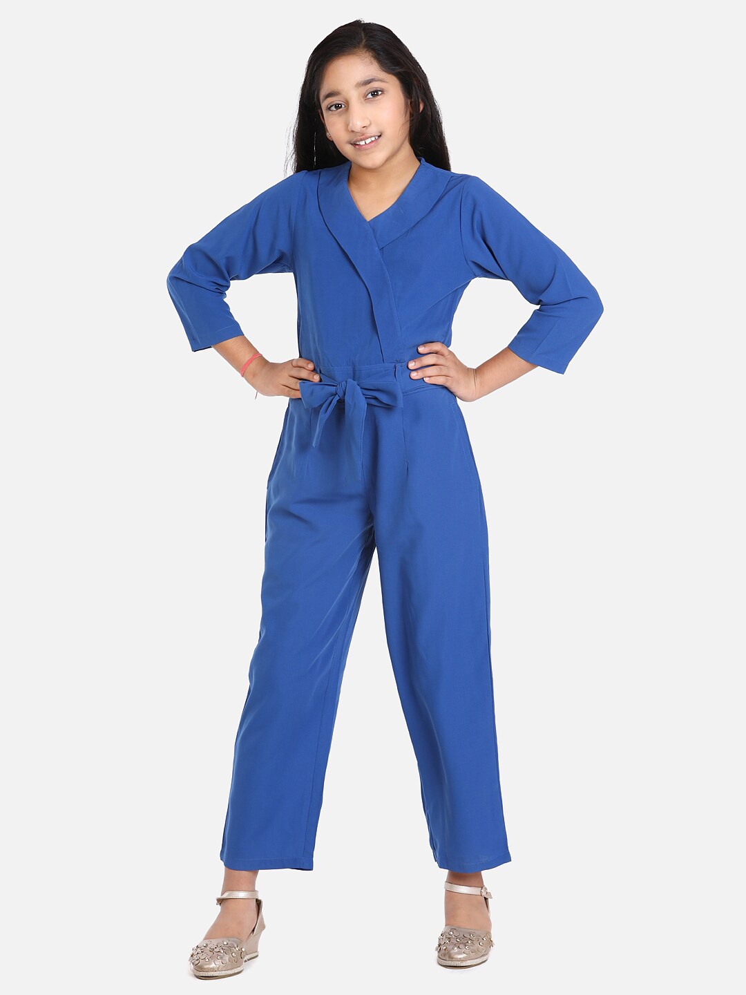 

LilPicks Girls Blue Basic Jumpsuit with Tie-Ups