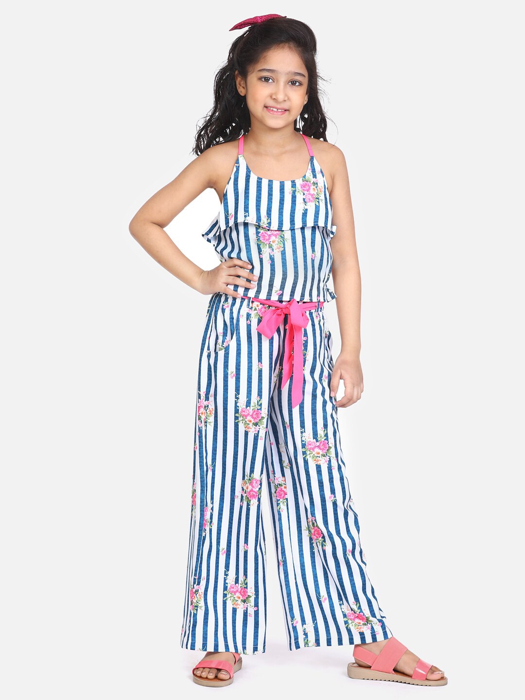 

LilPicks Girls Blue & White Striped Top with Palazzos Set