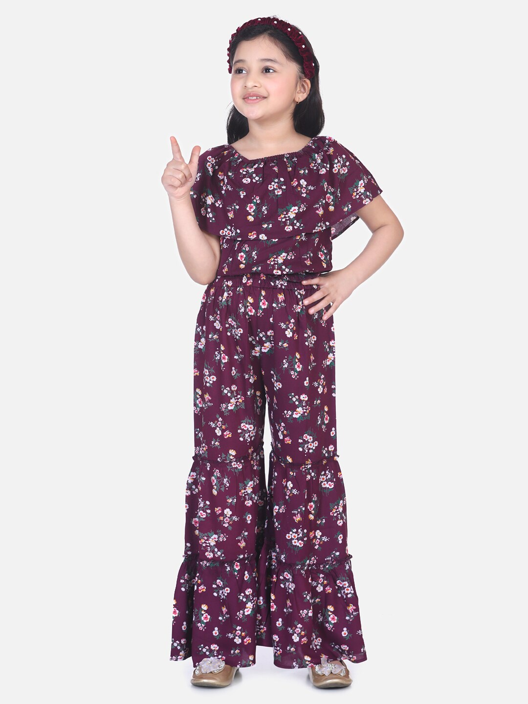 

LilPicks Girls Taupe & Green Printed Top with Palazzos